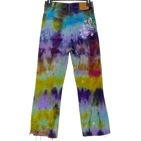 Levis Rib Cage Crop Flare Jeans Waist 26 Womens Size 2 XS Tie Dye Painted Levi’s - Picture 2 of 16